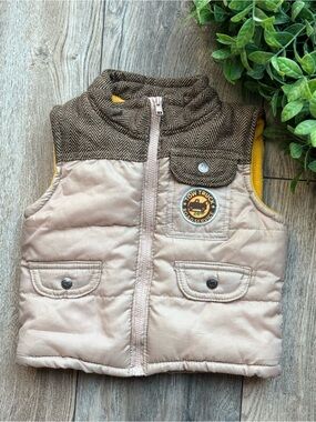 Toddler Beige Puffer Vest with Brown Trim and Tow Truck Patch